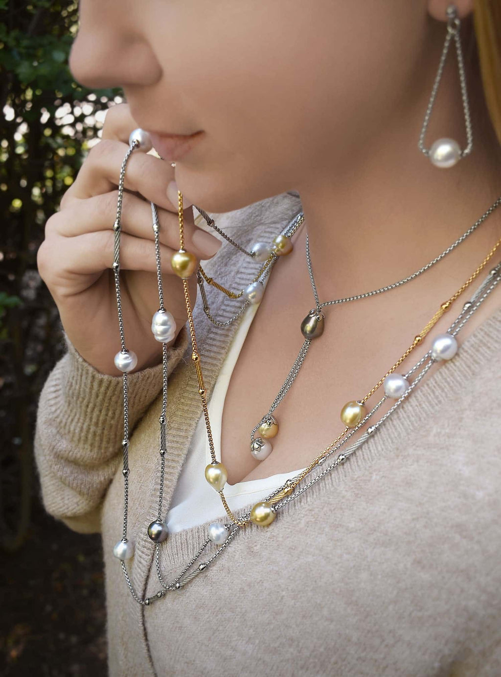 South Sea pearl drop earrings in white gold.