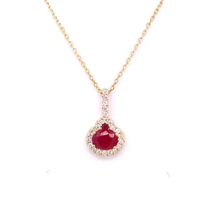 Ruby and diamond pendant on gold chain.