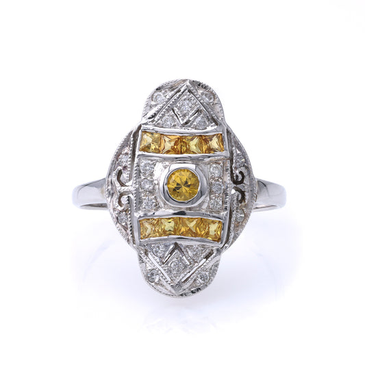 ReMARKable Estate Yellow Sapphire Color Gemstone Ring in 14 Karat White Gold with 9 Various Shapes 0.60ctw 2mm-2mm