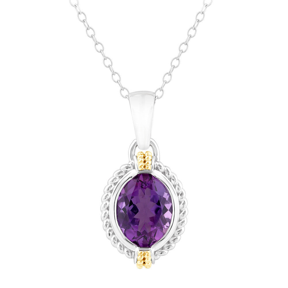 Oval amethyst necklace, sterling silver, gold accents.