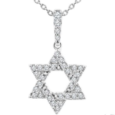 Star of David necklace with round diamonds.
