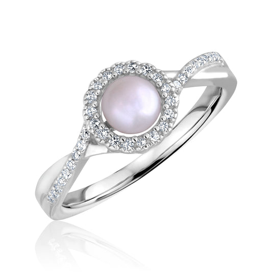 Semi-Precious Color Collection Color Gemstone Ring in Sterling Silver White with 1 Round Pearl