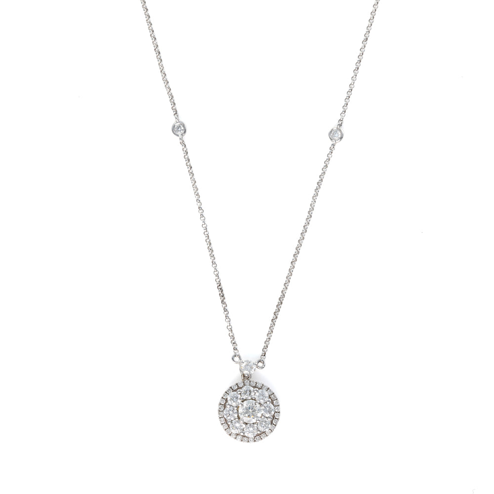 Diamond necklace with round pendant design.