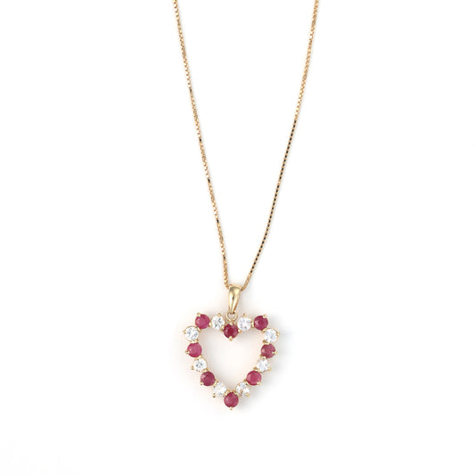 Marks Estate Department 2 Heart Collection Color Gemstone Necklace in 14 Karat Yellow Gold with 8 Round Rubies 1.15ctw