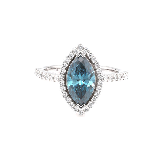 ReMARKable Designs Halo Side Stone Complete Engagement Ring in 14 Karat White Gold with 1.00ctw of Round Lab-Grown Diamond, Color: Blue