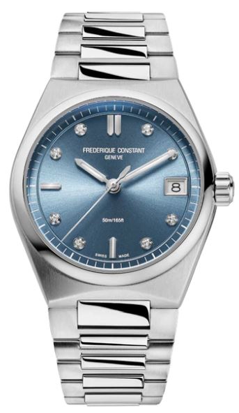 Stainless steel watch with blue dial, diamonds.