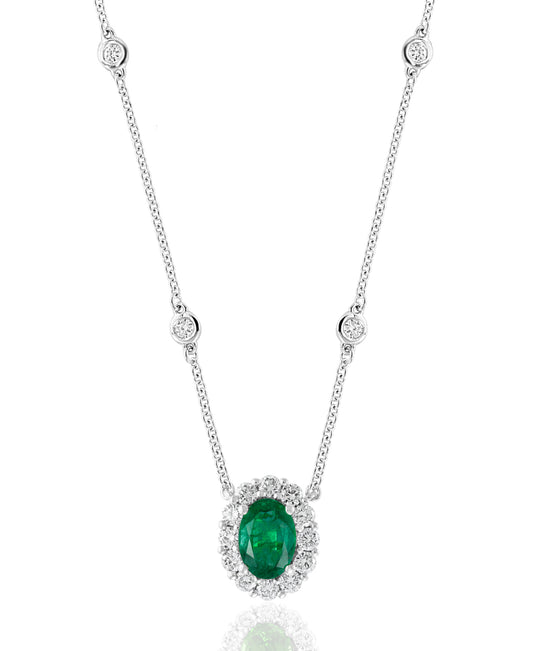 JEWELS BY JACOB Color Gemstone Necklace in 18 Karat White with 1 Oval Emerald