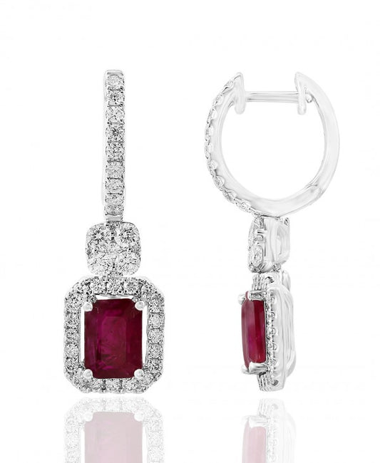 Emerald ruby earrings with diamond accents.