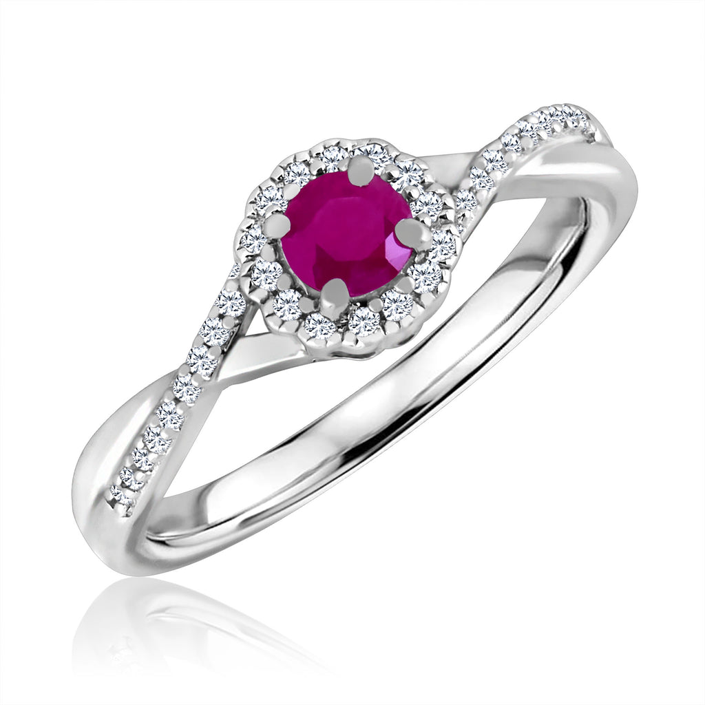 Color Gemstone Ring in Sterling Silver White with 1 Round Ruby 0.60ctw