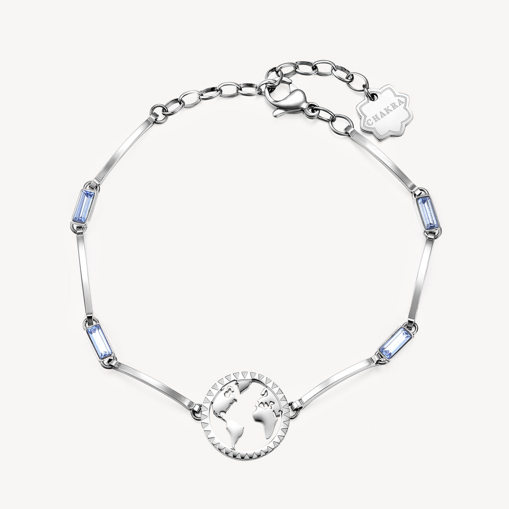 Stainless steel bracelet with blue gemstones.