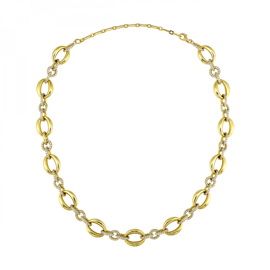 18K yellow gold necklace with round diamonds.