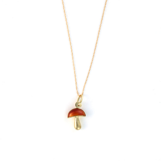 Yellow enamel mushroom pendant necklace, 14K gold.