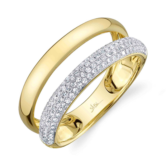 Yellow gold ring with diamond pavé band.