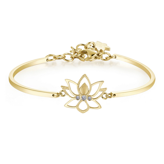 Yellow stainless steel bracelet with floral charm.
