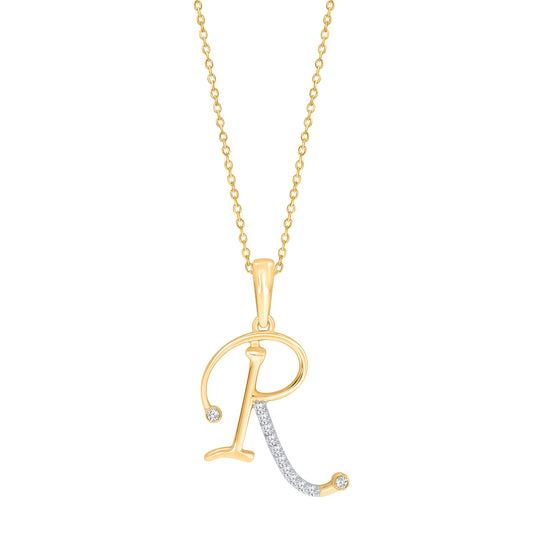 Gold necklace with diamond-accented "R" pendant.