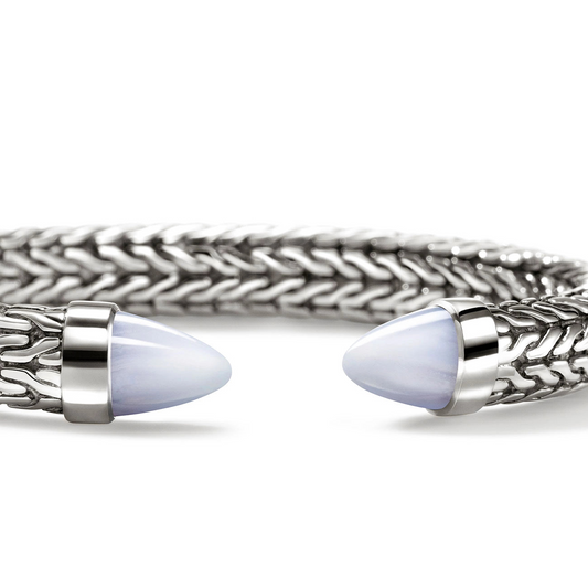 John Hardy Spear 50 Collection Cuff Color Gemstone Bracelet in Sterling Silver White with 2 Triangular Blue Agates