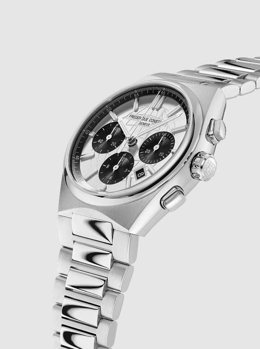 Stainless steel chronograph watch with black subdials.