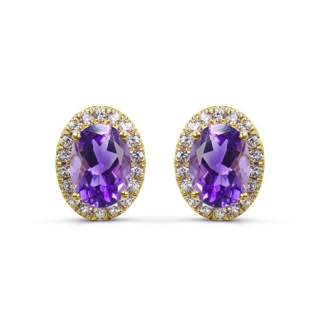 Oval amethyst earrings with zircon accents.