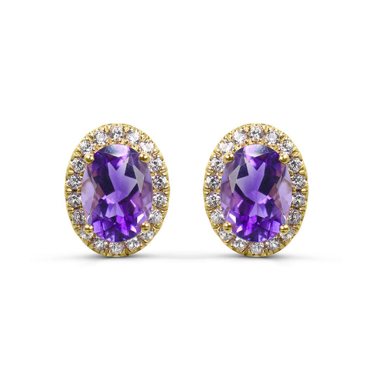 Oval amethyst earrings with zircon accents.