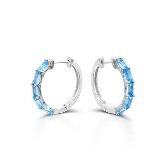 ReMARKable Designs Small Hoop Blue Topaz Earrings in Sterling Silver White with 10 Baguette Blue Topazes 1.50ctw 4mm