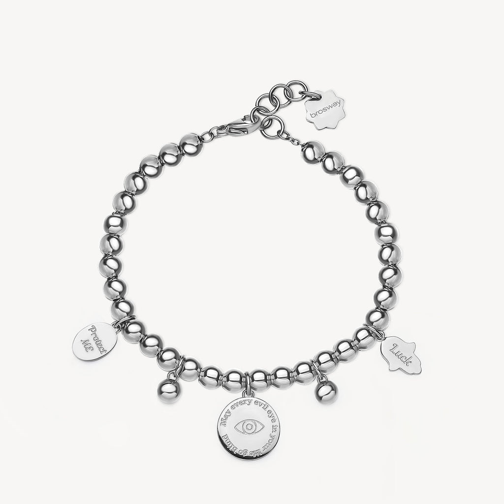 Stainless steel bead bracelet with charms.