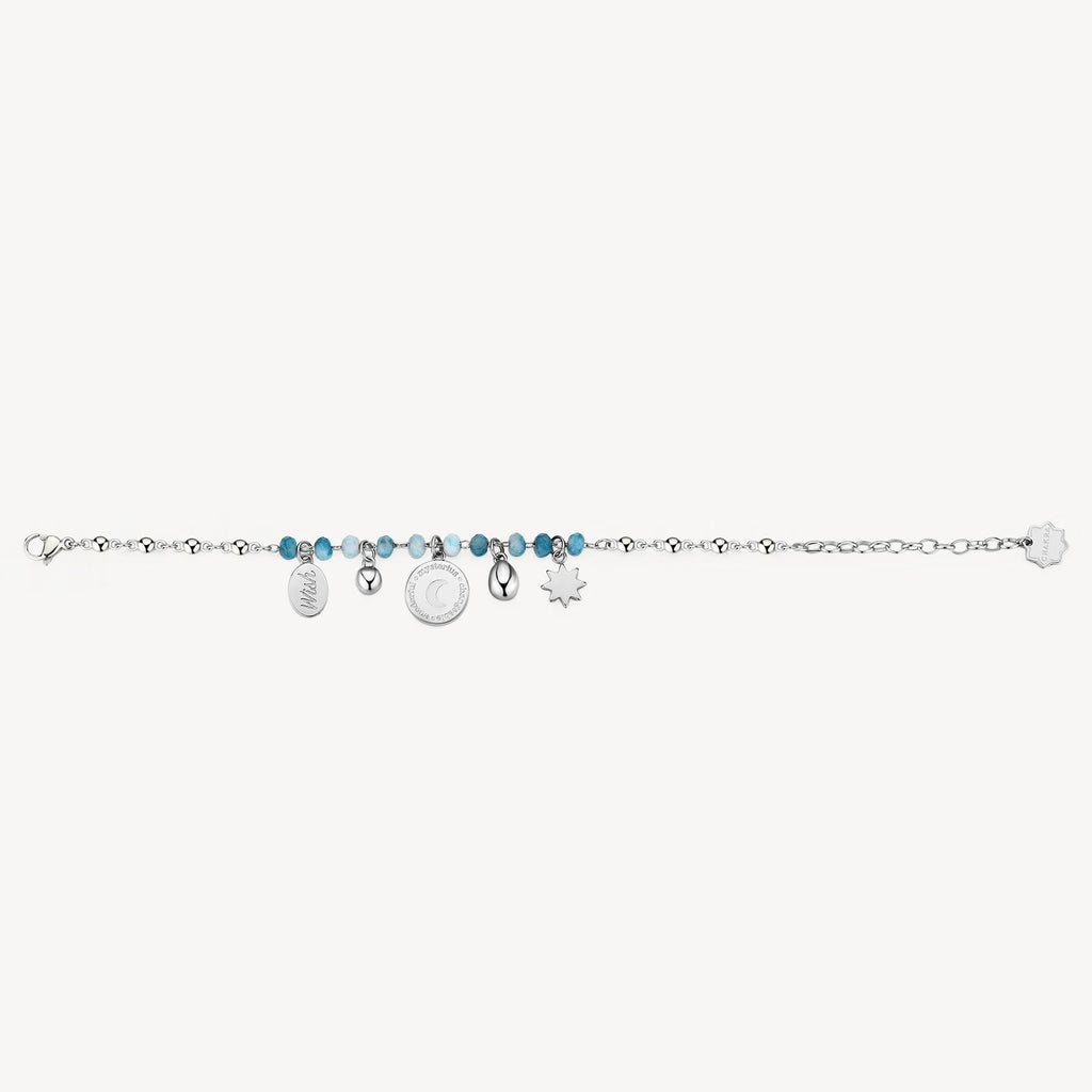 Stainless steel bracelet with blue gemstones.