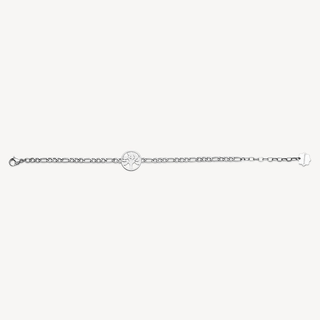 White stainless steel bracelet with round charm.