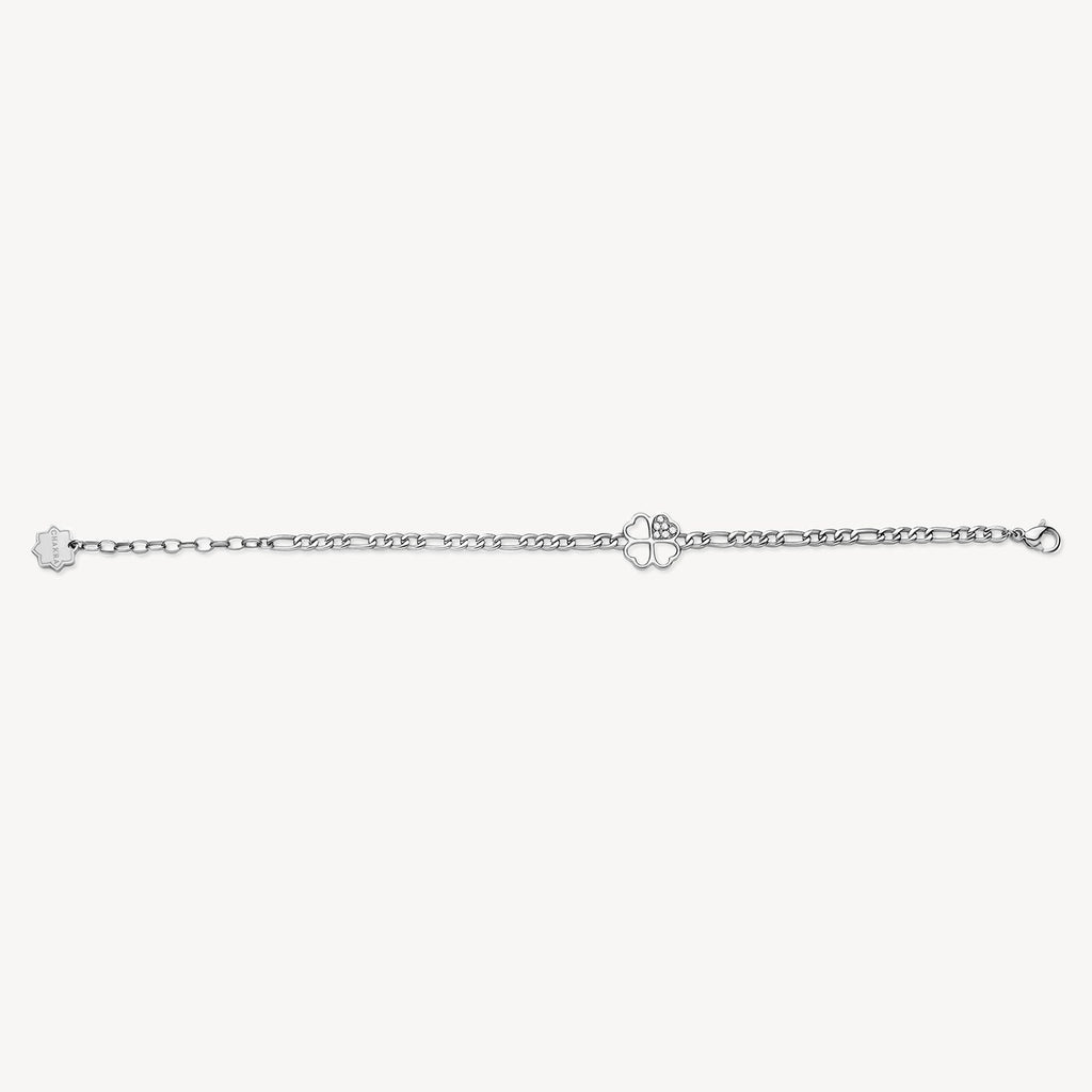 White stainless steel bracelet with crystal accents.