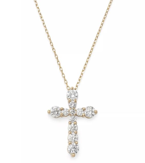 Cross necklace with round diamonds, yellow gold.