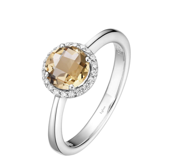 Color Gemstone Ring in Platinum Bonded Sterling Silver White with 1 Round Citrine