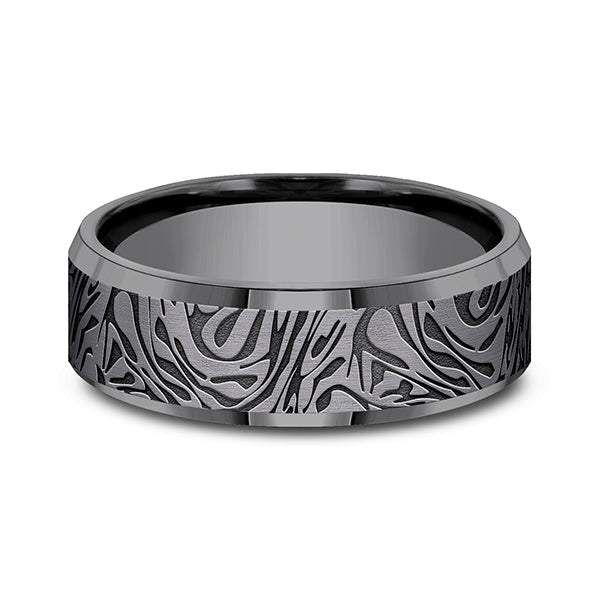 Tantalum grey carved band, intricate design.