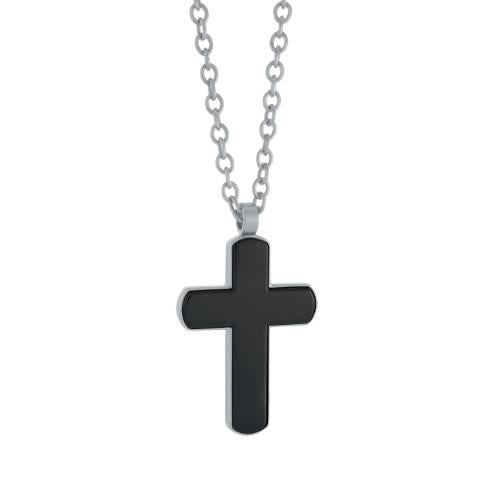 Stainless steel necklace with black cross pendant.
