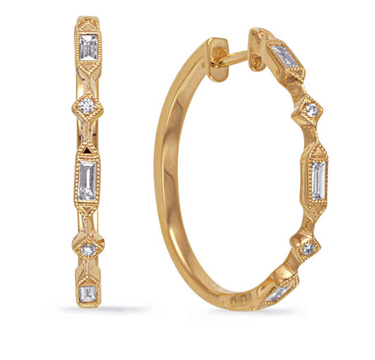 Medium Hoop Natural Diamond Earrings in 14 Karat Yellow with 0.33ctw Baguette Diamonds