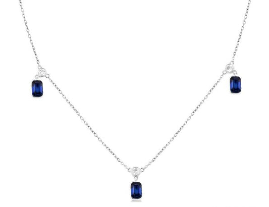 Station Color Gemstone Necklace in 14 Karat White with 5 Emerald Sapphires 5mm