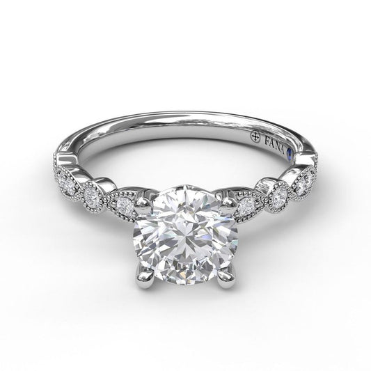 Side Stone Vintage Natural Diamond Semi-Mount Engagement Ring in 14 Karat White with 12 Round Diamonds, Color: G/H, Clarity: SI1, totaling 0.11ctw