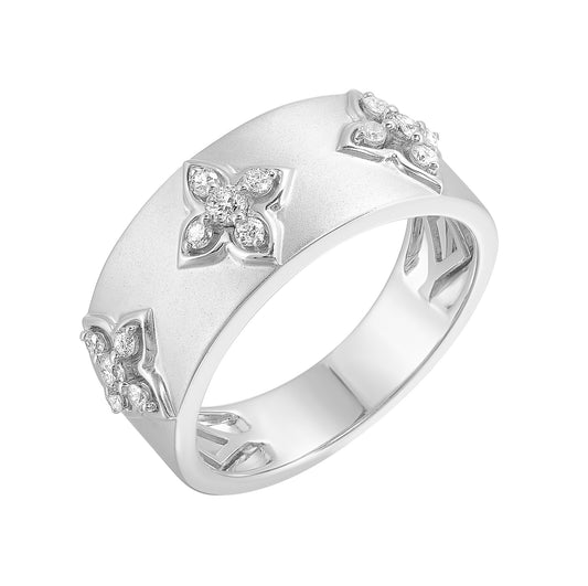 White gold ring with diamond floral accents.