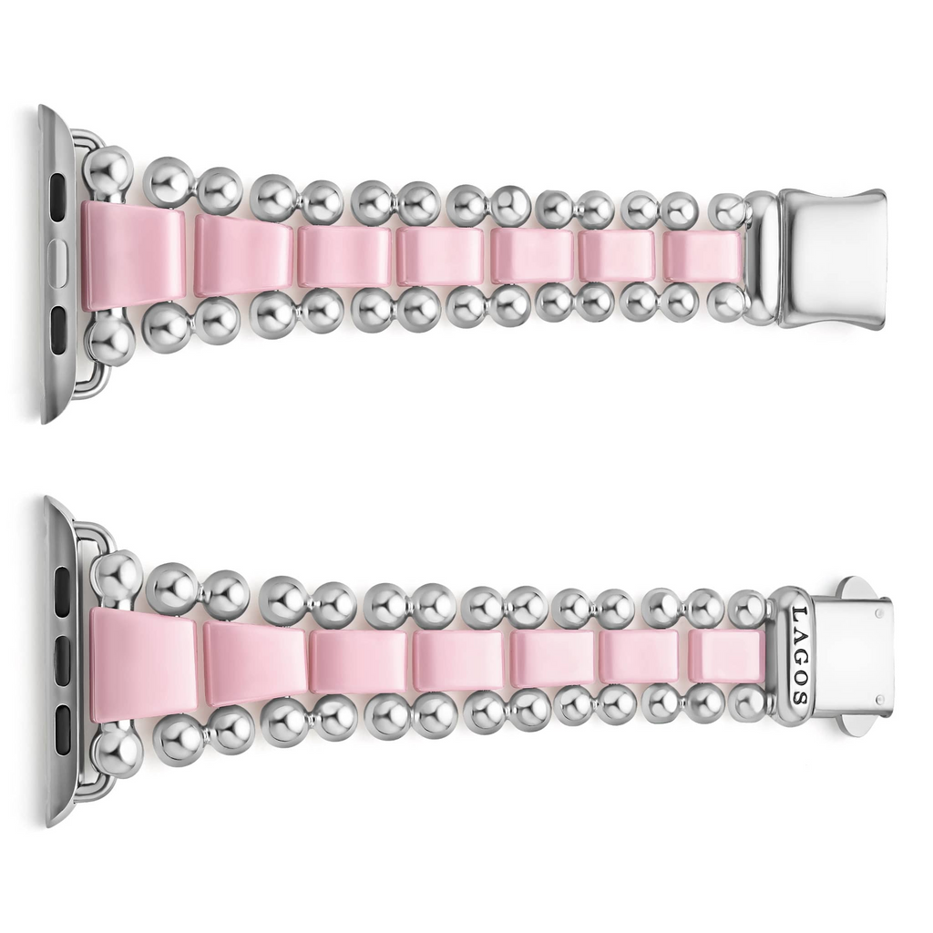 Pink ceramic and stainless steel watch band.