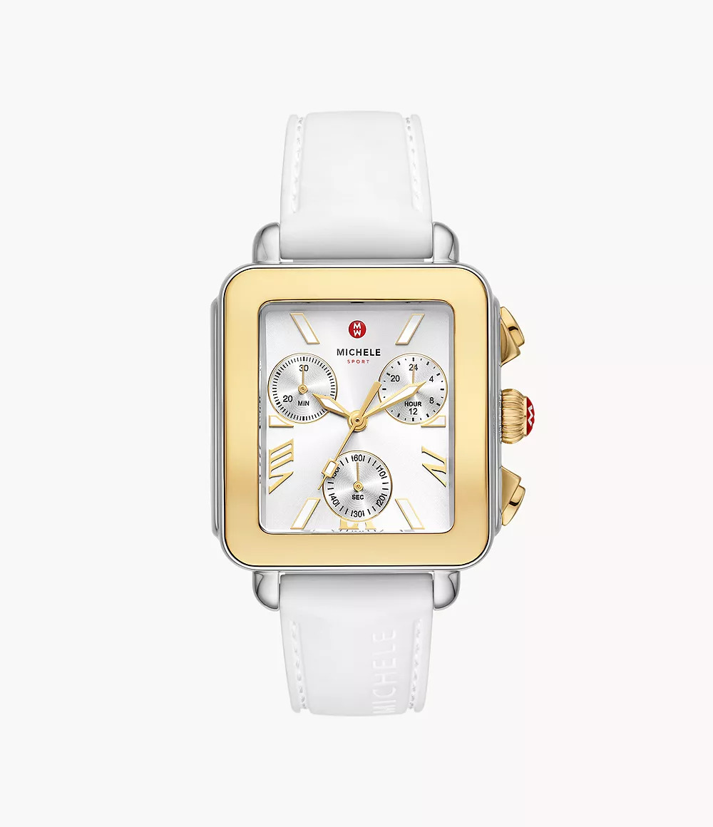 Gold-accented silver dial watch with white band.