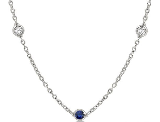 Station Color Gemstone Necklace in 14 Karat White with 5 Round Sapphires 2.85mm
