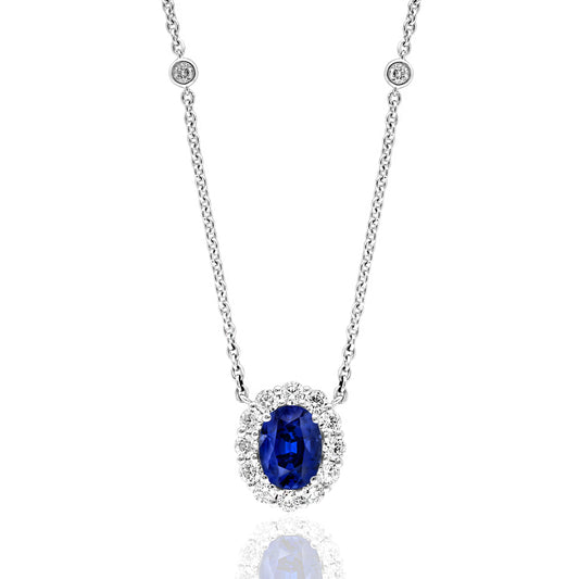 Pendant Color Gemstone Necklace in 18 Karat White with 1 Oval Sapphire 1.45ctw