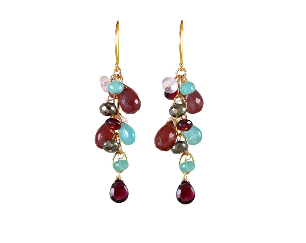 Gold-filled dangle earrings with colorful gemstones.