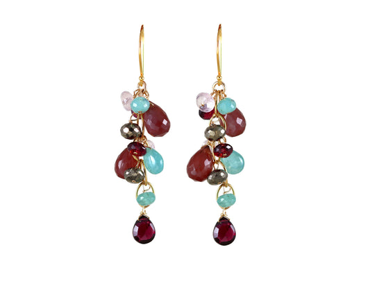 Gold-filled dangle earrings with colorful gemstones.