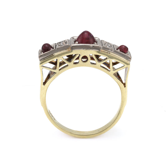 Marks Estate Department 2 Color Gemstone Ring with 3 Cabochon Rubies 0.67ctw in 14 Karat White Yellow Gold