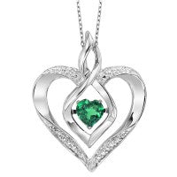 Heart Semi-Precious Color Collection Color Gemstone Necklace in Sterling Silver White with 1 Heart Lab Created Emerald 0.24ctw