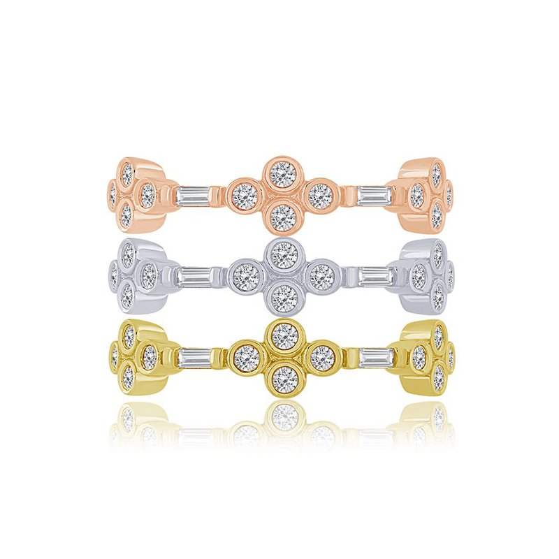 Yellow gold ring with various shaped diamonds.