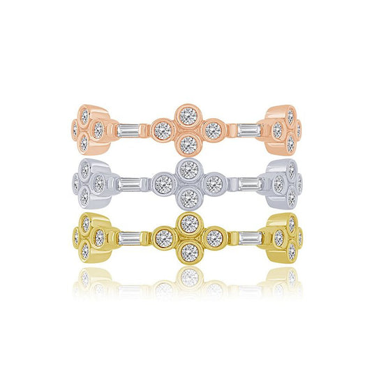 Yellow gold ring with various shaped diamonds.