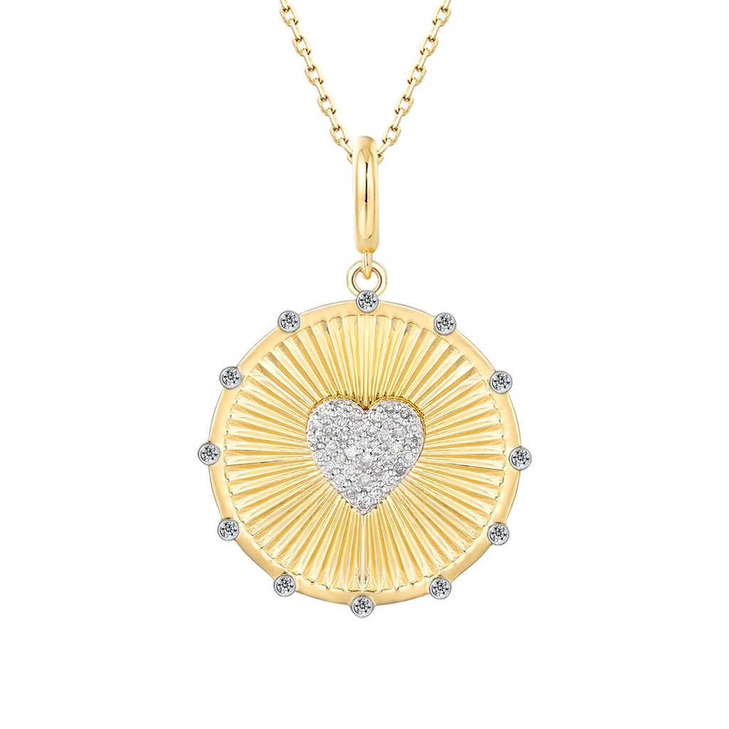 Heart-shaped diamond necklace, yellow gold, radiant design.