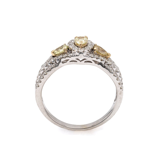 ReMarkable Estate Halo Side Stone Natural Diamond Complete Engagement Ring in 14 Karat White Gold with 3 Pear Diamonds, Color: Yellow, Clarity: SI2-I1, totaling 0.27ctw