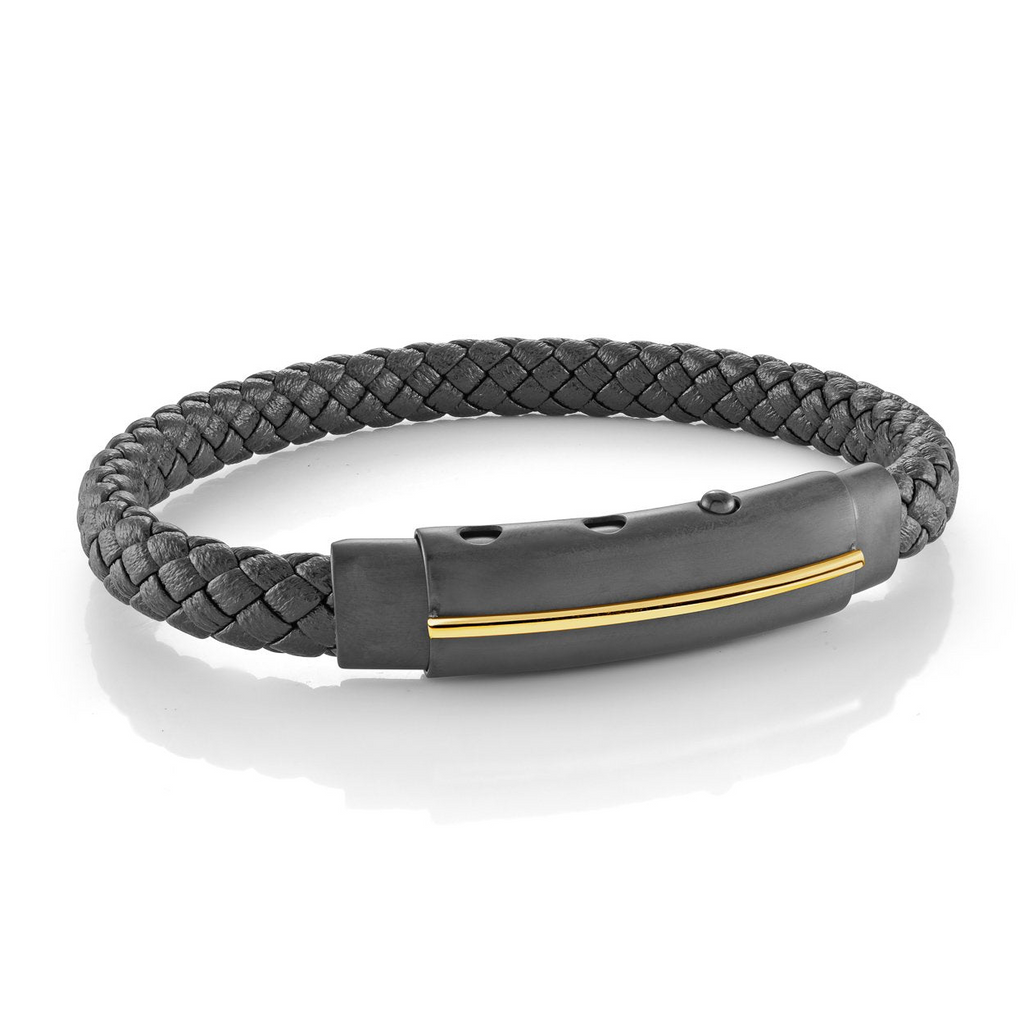 Braided leather bracelet with stainless steel clasp.