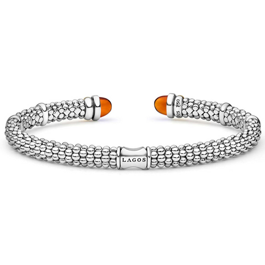 Lagos Signature Caviar Collection Cuff Color Gemstone Bracelet in Sterling Silver - 14 Karat White - Yellow with 2 Cabochon Citrines